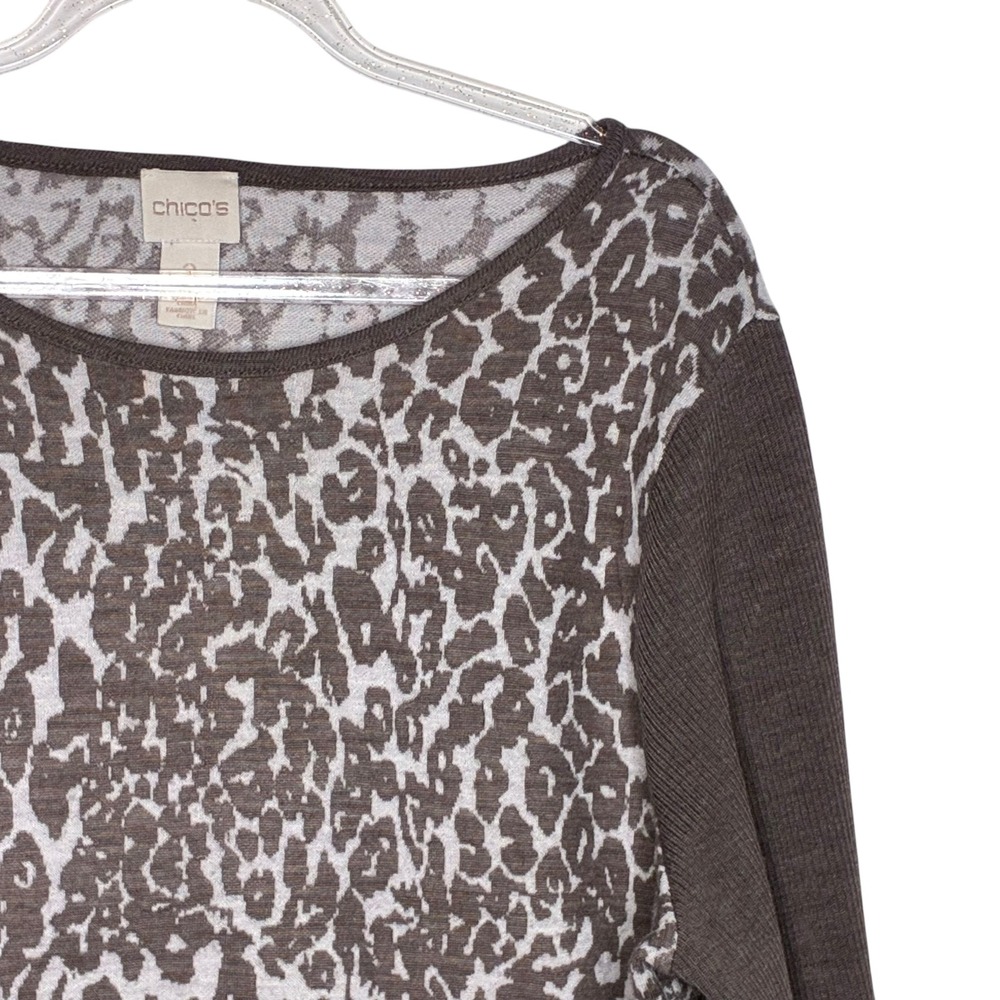 Chicos Womens Size 2/Large Brown Leopard Print Sweater Zipper Detail Wool Knit - Picture 3 of 9